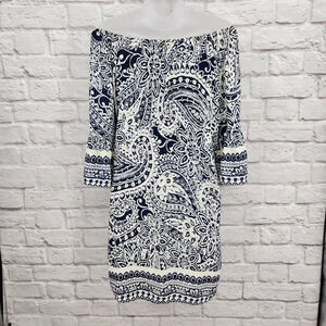 UMGEE Navy Blue Cream 3/4 Bell Sleeve Off Shoulder Mini Dress Size Small